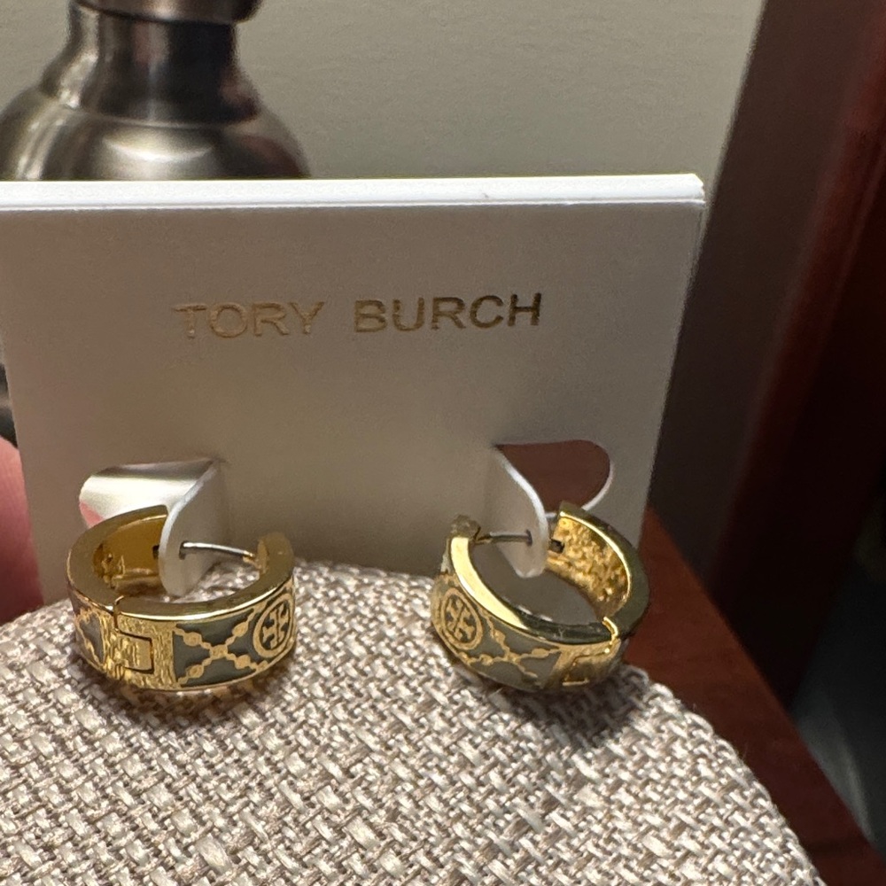 Tory Burch Kira Enamel Gold and White Patterned Huggie Hoop Earrings